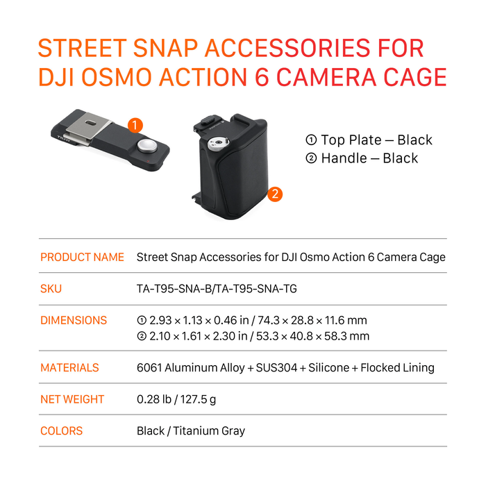 Tilta Street Snap Accessories for DJI Osmo Action 6 Camera Cage - Titanium Gray