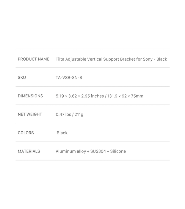 Tilta Adjustable Vertical Camera Support Bracket for Sony – Black