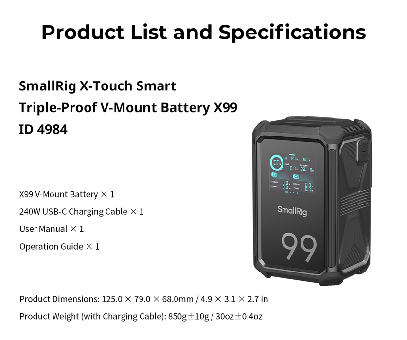 SmallRig x Renan Ozturk X-Touch Smart Triple-Proof V-Mount Battery X99