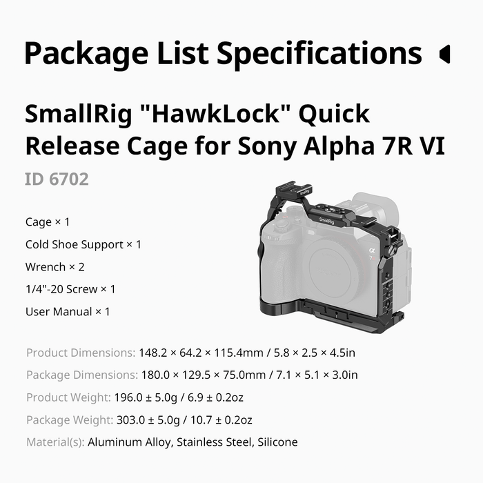 SmallRig HawkLock Quick Release Full Camera Cage Kit for Sony A7R VI 6702