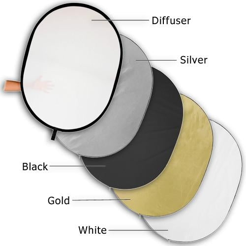 Fotodiox 5-in-1 Reflector Pro, Premium Grade Collapsible Disc - Soft Silver / Gold / Black / White / Diffuser, 48"x72"
