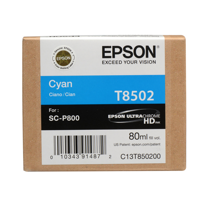 Epson T850200 UltraChrome HD Cyan Ink Cartridge for SureColor P800 Printer - 80mL