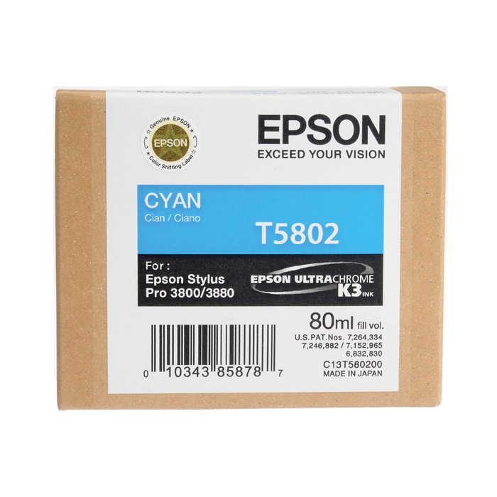 Epson T5802 UltraChrome K3 Cyan Ink Cartridge for Stylus Pro 3800 and 3880 Printers - 80mL