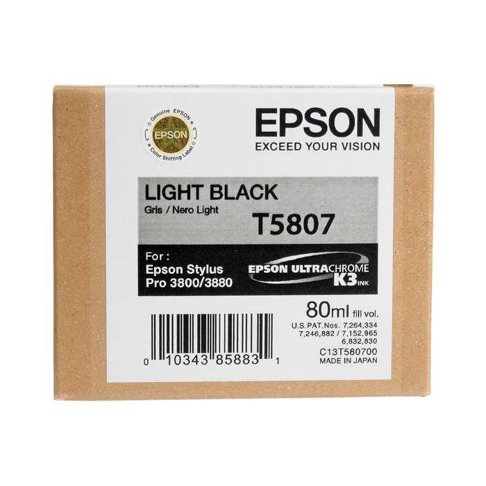 Epson T5807 UltraChrome K3 Light Black Ink Cartridge for Stylus Pro 3800 and 3880 Printers - 80mL